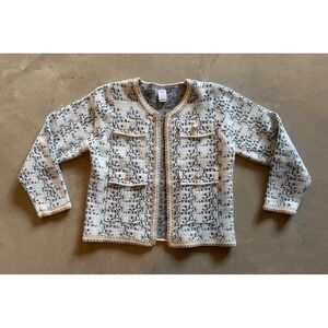 Northern Angel‎ Cardigan Cream Black Eyelash Knit Thick Gold Trim Lady